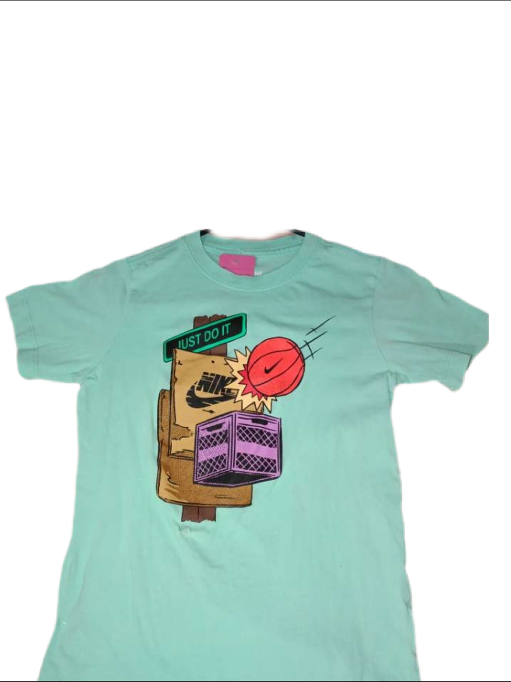 Nike Kids Mint Green Graphic Tee with Purple and Orange Accents
